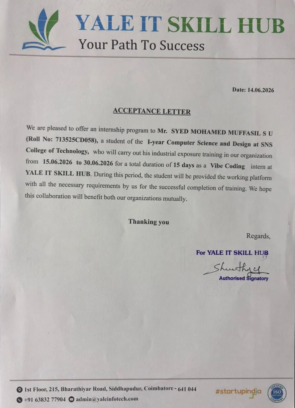 Yale IT Skill Hub – Acceptance Letter