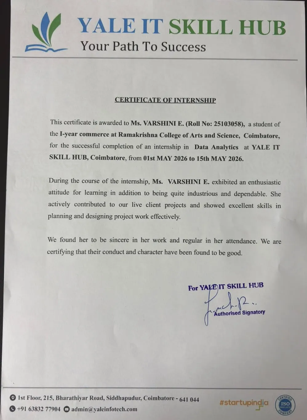Yale IT Skill Hub – Certificate of Internship